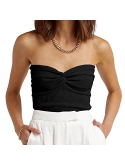 Iszplush Womens Strapless Crop Top Sexy Sweetheart Neck Ribbed Knit Twisted Knot Front Sleeveless Y2K CamisoleTanks Top