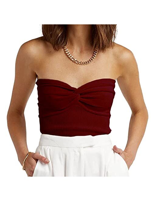 Iszplush Womens Strapless Crop Top Sexy Sweetheart Neck Ribbed Knit Twisted Knot Front Sleeveless Y2K CamisoleTanks Top