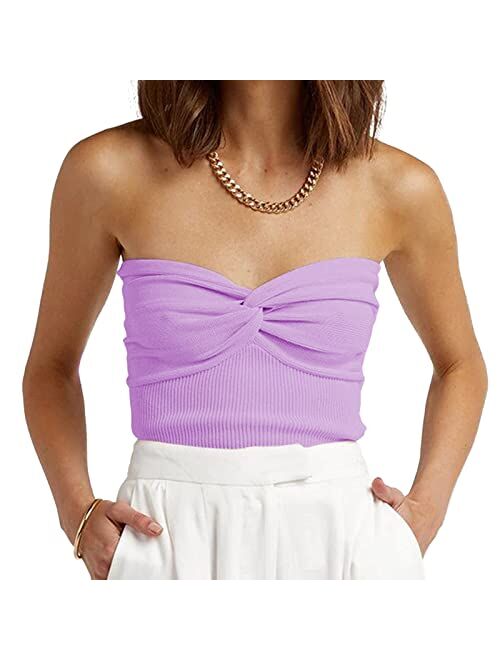 Iszplush Womens Strapless Crop Top Sexy Sweetheart Neck Ribbed Knit Twisted Knot Front Sleeveless Y2K CamisoleTanks Top