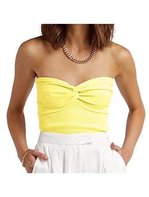 Iszplush Womens Strapless Crop Top Sexy Sweetheart Neck Ribbed Knit Twisted Knot Front Sleeveless Y2K CamisoleTanks Top