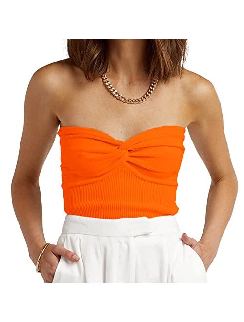 Iszplush Womens Strapless Crop Top Sexy Sweetheart Neck Ribbed Knit Twisted Knot Front Sleeveless Y2K CamisoleTanks Top