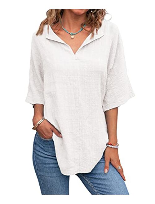 Lueluoye Womens V Neck Shirts Short Sleeve Cotton Linen Tee Blouse Summer Loose Fit Casual Tunic Tops