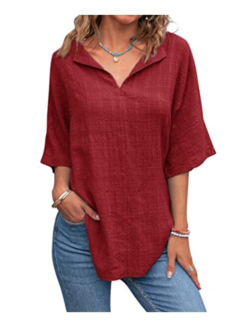 Lueluoye Womens V Neck Shirts Short Sleeve Cotton Linen Tee Blouse Summer Loose Fit Casual Tunic Tops