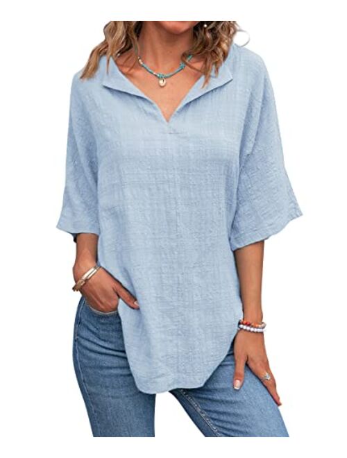 Lueluoye Womens V Neck Shirts Short Sleeve Cotton Linen Tee Blouse Summer Loose Fit Casual Tunic Tops