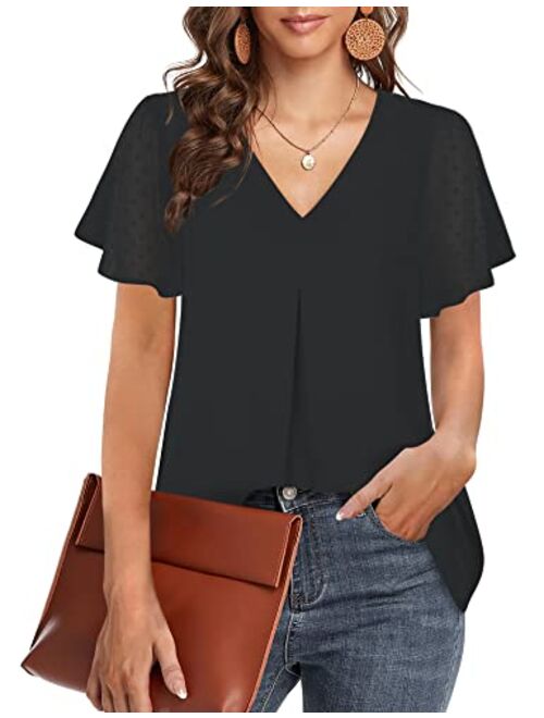 Messic Women's Chiffon Blouses V Neck Ruffle Sleeve Summer Casual Tops