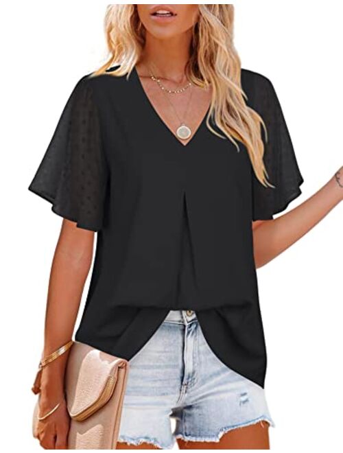 Messic Women's Chiffon Blouses V Neck Ruffle Sleeve Summer Casual Tops