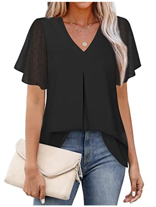 Messic Women's Chiffon Blouses V Neck Ruffle Sleeve Summer Casual Tops