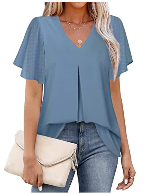 Messic Women's Chiffon Blouses V Neck Ruffle Sleeve Summer Casual Tops