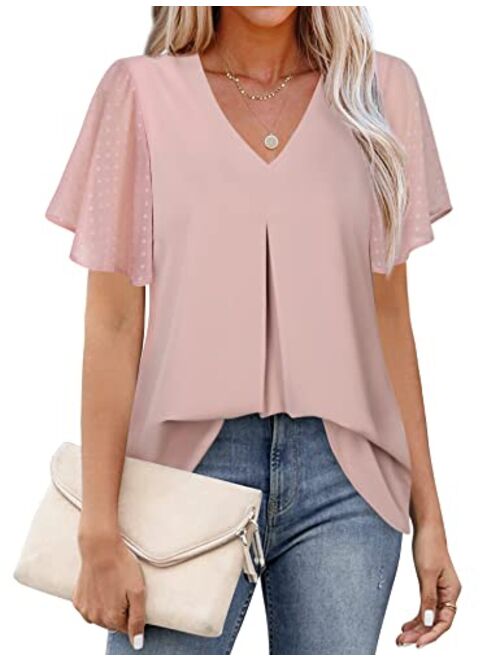 Messic Women's Chiffon Blouses V Neck Ruffle Sleeve Summer Casual Tops