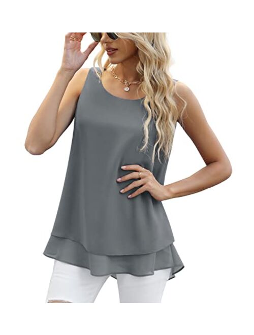 Jouica Women's Sleeveless Chiffon Tank Top Double Layers Casual Blouse Tunic