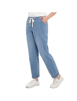 ThCreasa Womens Casual Elastic Waist Pull On Jeans Lightweight Drawstring Denim Pants