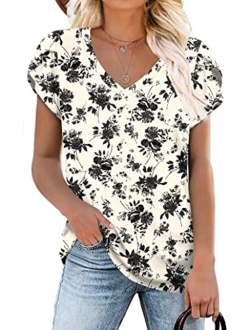 CATHY Womens 2022 Summer Casual T-Shirts V Neck Petal Short Sleeve Tops Loose Comfy Blouse Lightweight Cute