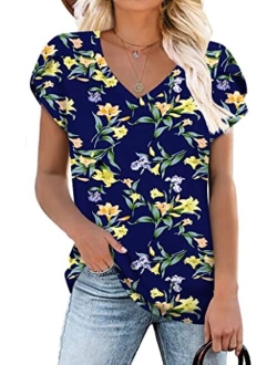 CATHY Womens 2022 Summer Casual T-Shirts V Neck Petal Short Sleeve Tops Loose Comfy Blouse Lightweight Cute