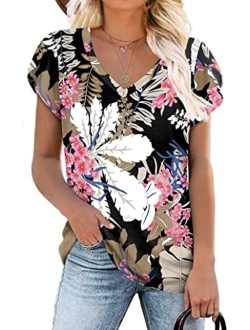 CATHY Womens 2022 Summer Casual T-Shirts V Neck Petal Short Sleeve Tops Loose Comfy Blouse Lightweight Cute