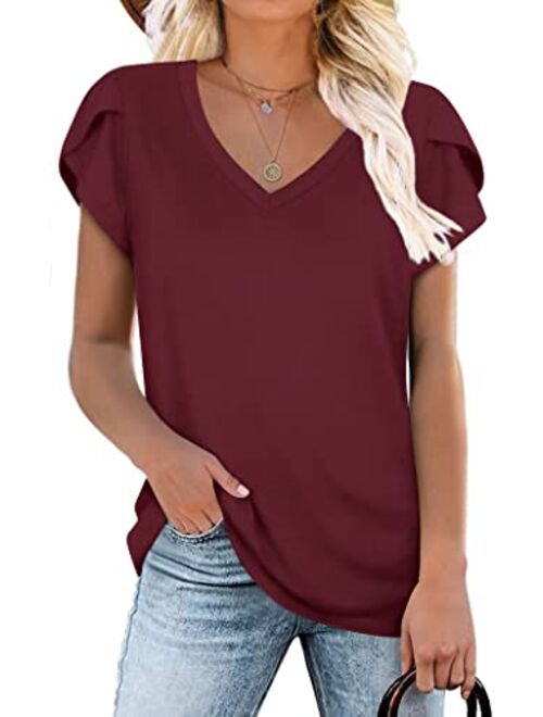 CATHY Womens 2022 Summer Casual T-Shirts V Neck Petal Short Sleeve Tops Loose Comfy Blouse Lightweight Cute