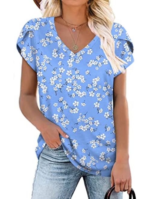 CATHY Womens 2022 Summer Casual T-Shirts V Neck Petal Short Sleeve Tops Loose Comfy Blouse Lightweight Cute