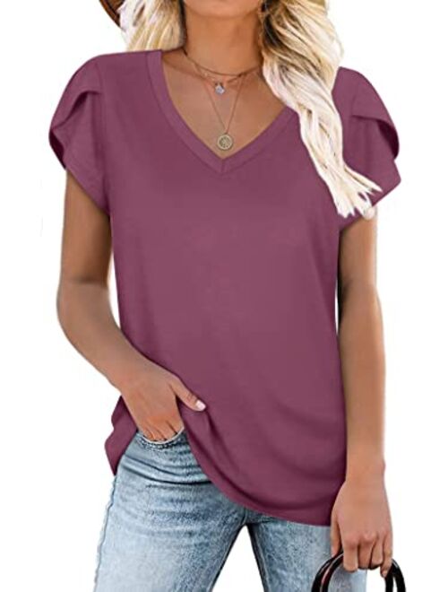 CATHY Womens 2022 Summer Casual T-Shirts V Neck Petal Short Sleeve Tops Loose Comfy Blouse Lightweight Cute