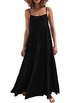 Womens Summer Casual Loose Sleeveless Spaghetti Strap Asymmetric Tiered Beach Maxi Long Dress