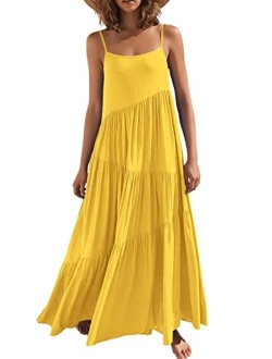 Womens Summer Casual Loose Sleeveless Spaghetti Strap Asymmetric Tiered Beach Maxi Long Dress