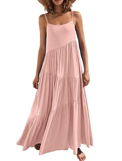 Womens Summer Casual Loose Sleeveless Spaghetti Strap Asymmetric Tiered Beach Maxi Long Dress