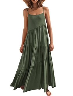 Womens Summer Casual Loose Sleeveless Spaghetti Strap Asymmetric Tiered Beach Maxi Long Dress