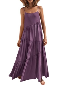 Womens Summer Casual Loose Sleeveless Spaghetti Strap Asymmetric Tiered Beach Maxi Long Dress