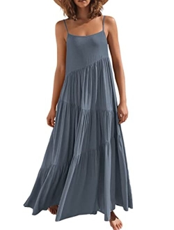 Womens Summer Casual Loose Sleeveless Spaghetti Strap Asymmetric Tiered Beach Maxi Long Dress