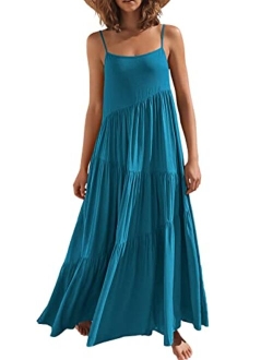 Womens Summer Casual Loose Sleeveless Spaghetti Strap Asymmetric Tiered Beach Maxi Long Dress