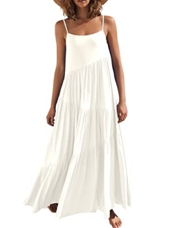 Womens Summer Casual Loose Sleeveless Spaghetti Strap Asymmetric Tiered Beach Maxi Long Dress