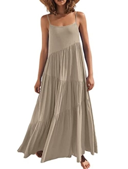 Womens Summer Casual Loose Sleeveless Spaghetti Strap Asymmetric Tiered Beach Maxi Long Dress