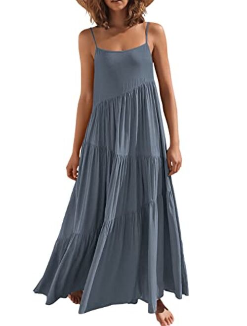 ANRABESS Women’s Summer Casual Loose Sleeveless Spaghetti Strap Asymmetric Tiered Beach Maxi Long Dress