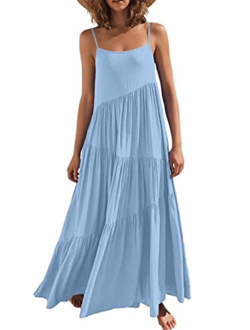 ANRABESS Women’s Summer Casual Loose Sleeveless Spaghetti Strap Asymmetric Tiered Beach Maxi Long Dress