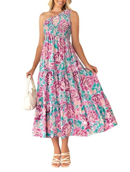 ZCSIA Women's Summer Boho One Shoulder Sleeveless Floral Printed Smocked Flowy Ruffle Beach Party Midi Dress