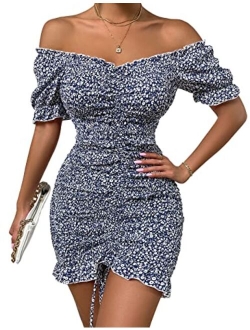 Women's Summer Off Shoulder Bodycon Dresses Short Sleeve Drawstring Sexy Mini Party Club Smocked Dress