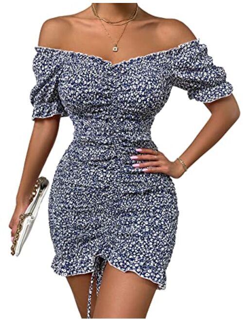 PRETTYGARDEN Women's Summer Off Shoulder Bodycon Dresses Short Sleeve Drawstring Sexy Mini Party Club Smocked Dress