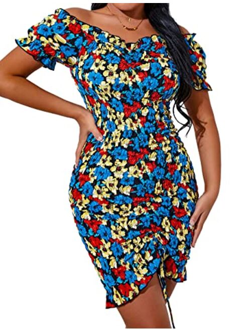 PRETTYGARDEN Women's Summer Off Shoulder Bodycon Dresses Short Sleeve Drawstring Sexy Mini Party Club Smocked Dress