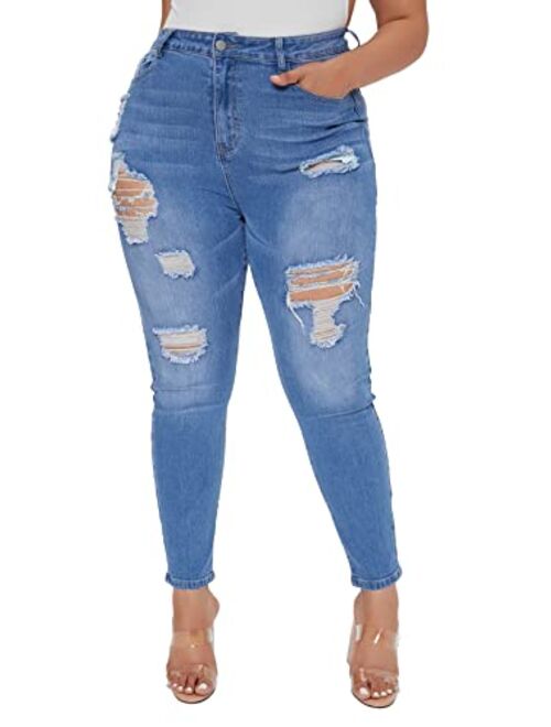 JCBYTJSW Women's Plus Size Skinny Fit Stretch Jeans High Waisted Ripped Jeans Women Soft Comfort Destroyed Denim Pants