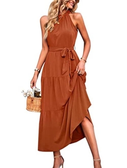 Women's Summer Floral Maxi Sun Dress Sleeveless Halter Neck Flowy Ruffle Hem Long Boho Dresses with Belt