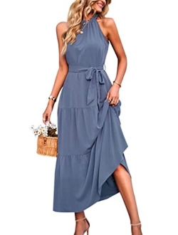 Women's Summer Floral Maxi Sun Dress Sleeveless Halter Neck Flowy Ruffle Hem Long Boho Dresses with Belt