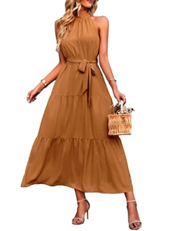 Women's Summer Floral Maxi Sun Dress Sleeveless Halter Neck Flowy Ruffle Hem Long Boho Dresses with Belt