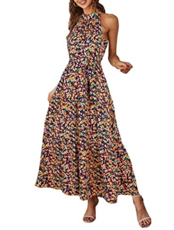 Women's Summer Floral Maxi Sun Dress Sleeveless Halter Neck Flowy Ruffle Hem Long Boho Dresses with Belt