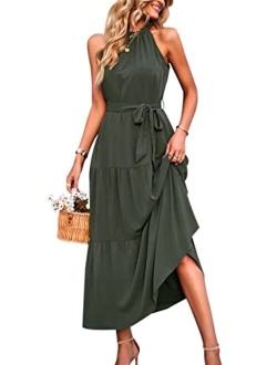 Women's Summer Floral Maxi Sun Dress Sleeveless Halter Neck Flowy Ruffle Hem Long Boho Dresses with Belt