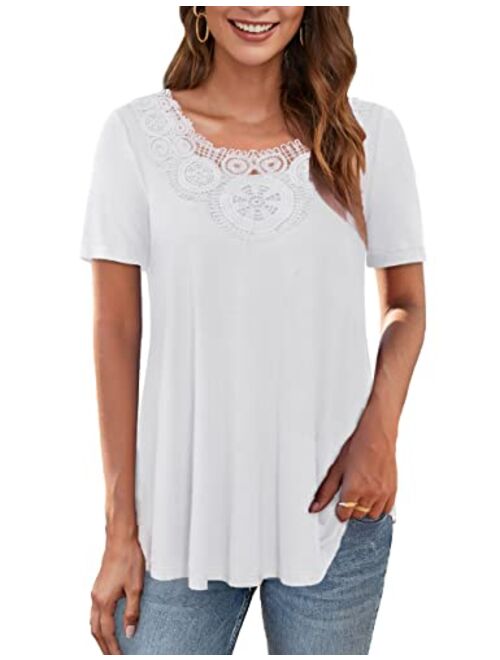 VERABENDI Womens Plus Size Tops Crochet Lace Trim Blouses Summer Dressy Pleated Tunic Tops Short Sleeve Tees Shirts M-4XL