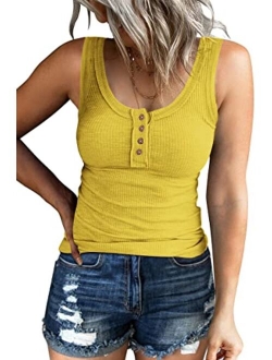 Kissfix Women Tank Tops Summer Casual Ribbed Sleeveless Basic Cami Top Slim Henley Button Down Blouses