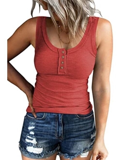 Kissfix Women Tank Tops Summer Casual Ribbed Sleeveless Basic Cami Top Slim Henley Button Down Blouses