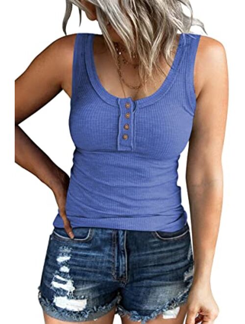 Kissfix Women Tank Tops Summer Casual Ribbed Sleeveless Basic Cami Top Slim Henley Button Down Blouses