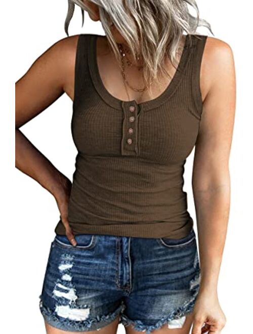 Kissfix Women Tank Tops Summer Casual Ribbed Sleeveless Basic Cami Top Slim Henley Button Down Blouses