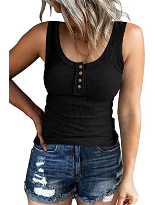 Kissfix Women Tank Tops Summer Casual Ribbed Sleeveless Basic Cami Top Slim Henley Button Down Blouses