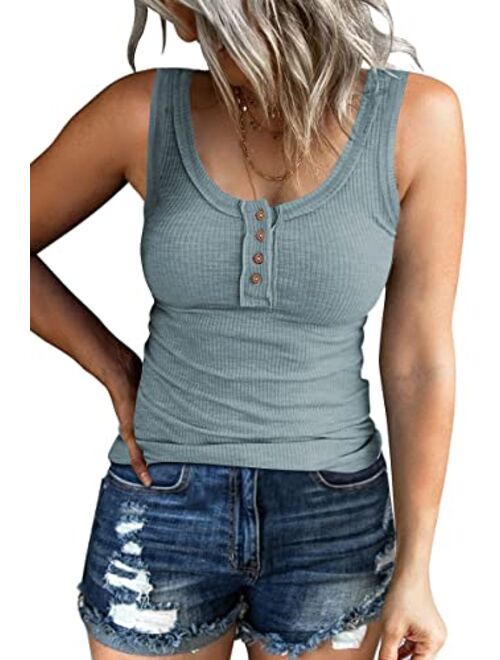 Kissfix Women Tank Tops Summer Casual Ribbed Sleeveless Basic Cami Top Slim Henley Button Down Blouses