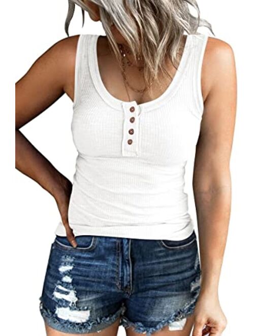 Kissfix Women Tank Tops Summer Casual Ribbed Sleeveless Basic Cami Top Slim Henley Button Down Blouses